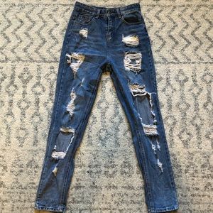 Extra high rise straight leg ripped jeans